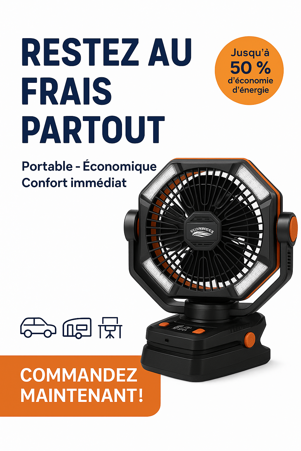 Ventilateur de Camping 20000mAh avec LED – 8 Vitesses, Autonomie Exceptionnelle